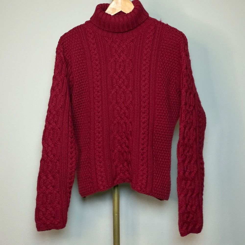 Paul James England Red Cable Knit Wool Turtleneck Sweater L